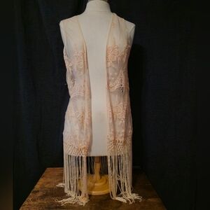 Chloah Light Pink Sheer Embroidered Fringe Vest Size M